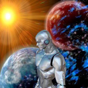 A bionic robot stands beside the Earth as if in power. The sun shines on the robot, the world, and another planet.